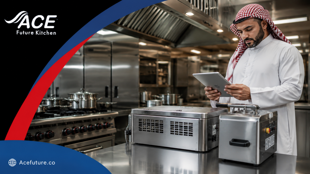 ACE Future Kitchen branded banner featuring a modern commercial kitchen in Saudi Arabia. A professional wearing traditional Saudi attire uses a tablet while inspecting stainless-steel commercial kitchen equipment. The background showcases industrial cooking appliances, ventilation systems, and food-service equipment in a clean, high-end kitchen environment. Curved blue and red graphic elements frame the image, with the ACE Future Kitchen logo displayed in the upper left corner and the website Acefuture.co shown at the bottom left. The banner conveys commercial kitchen compliance, equipment inspection, and professional facility management.