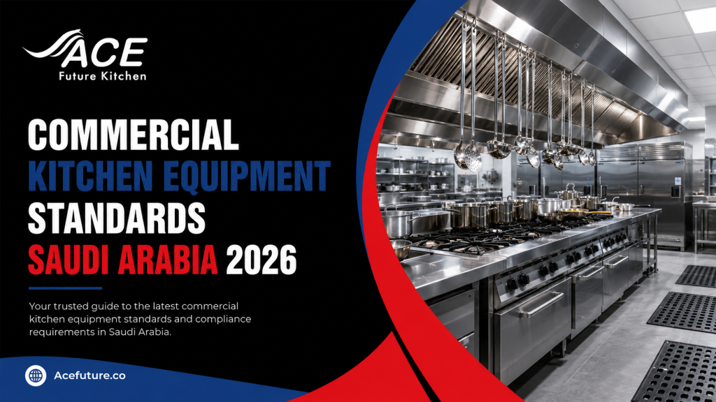 Commercial kitchen equipment standards Saudi Arabia 2026 banner with ACE Future Kitchen logo and modern industrial kitchen.