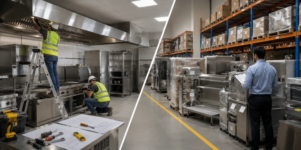Restaurant owner comparing contractor and supplier services with ACE Future Kitchen branding.