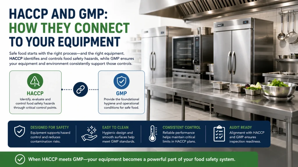 Commercial kitchen equipment illustrating HACCP and GMP food safety compliance.