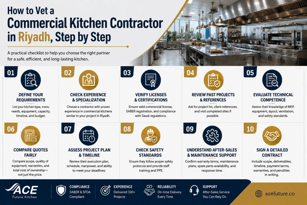 Step-by-step guide to choosing a commercial kitchen contractor in Riyadh.