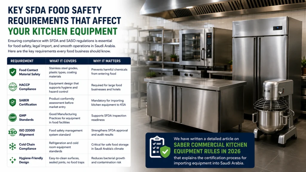 Commercial kitchen equipment meeting SFDA food safety requirements in Saudi Arabia.
