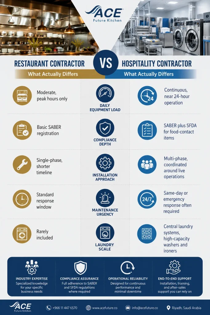 Comparison infographic showing key differences between restaurant and hospitality contractors.
